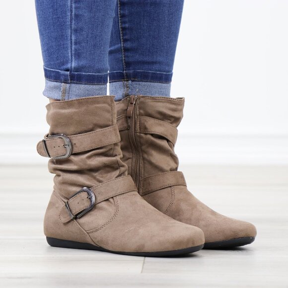 Above Ankle Booties Flat Boots Faux Suede Taupe  Round Toe - Picture 3 of 12
